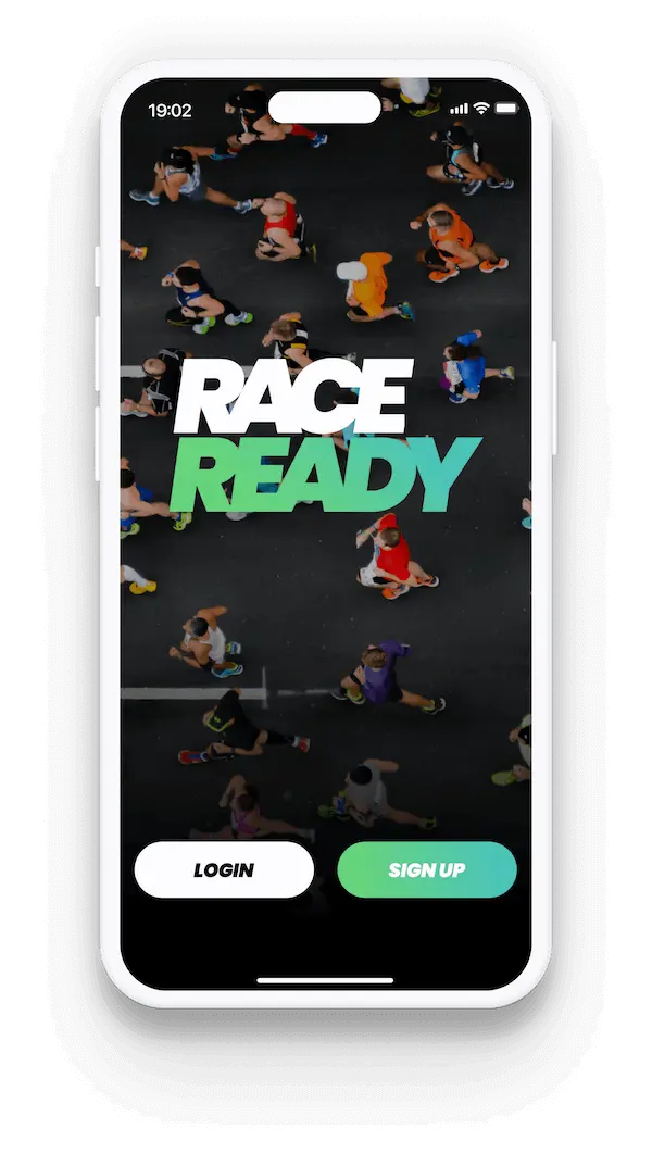 Race ready app screen, screen shows the first page users see when they download the race ready app.